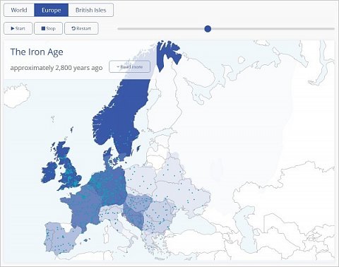 The Through History map showing the spread of my ancestors at the European level in the Iron Age, approximately 2,800 years ago.