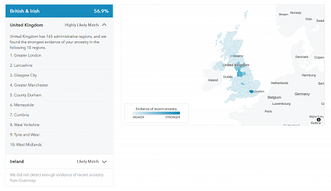 A map showing the areas of Britain my ancestors are likely to have lived.
