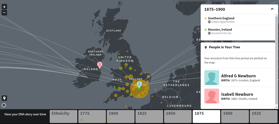 An AncestryDNA map showing ancestors born around 1875 An AncestryDNA map showing ancestors born around 1875