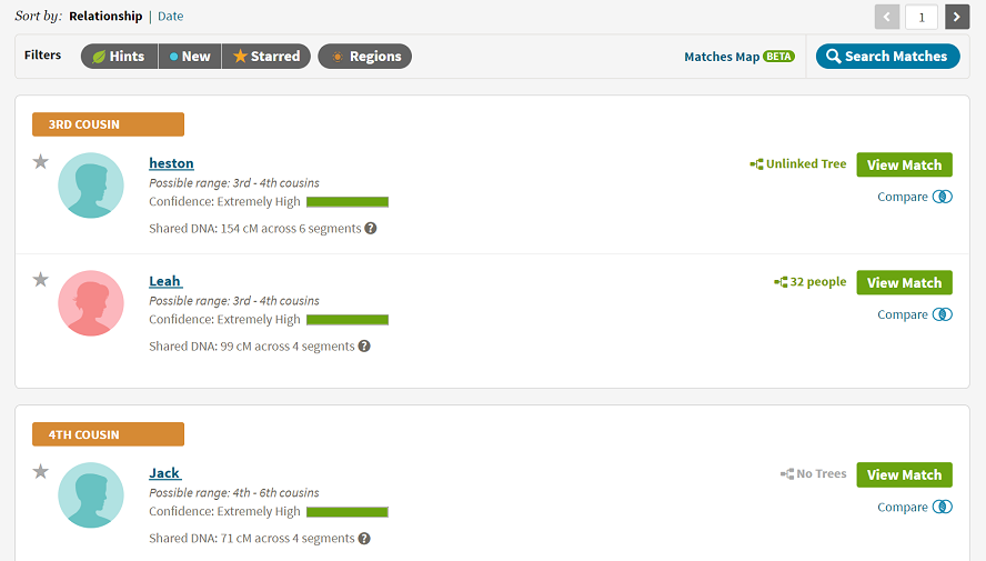 The Ancestry DNA Matches section The Ancestry DNA Matches section