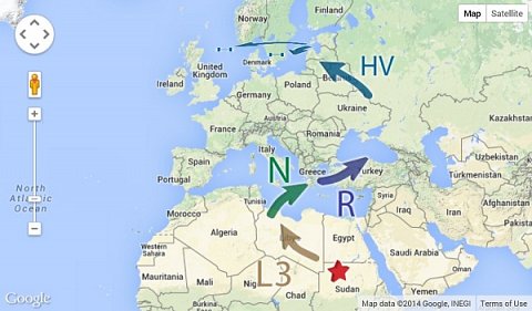 The migration map of mtDNA haplogroup H.