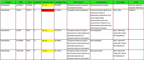A snippet from the table included in my Methylation/Detoxification Report.