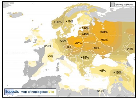 Map showing the areas in which R1a is most common.